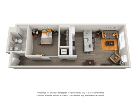 Floor plan for 1 bed, 1 bath, 765 sqft